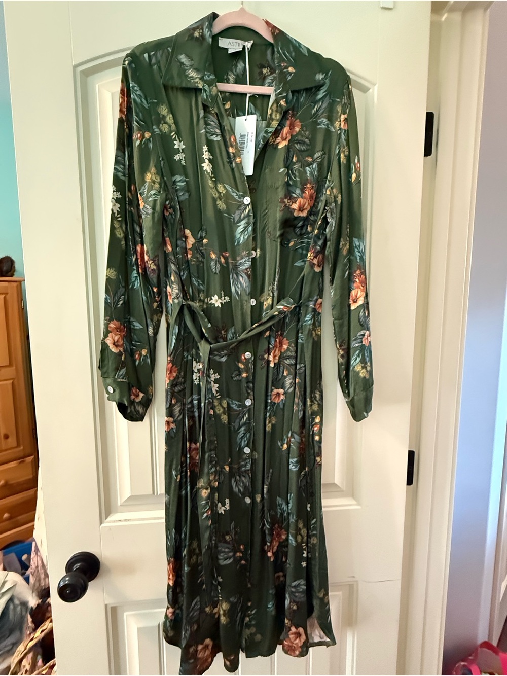 Astrid Green Garden Floral Button-Down Midi Dress with Tie Waist